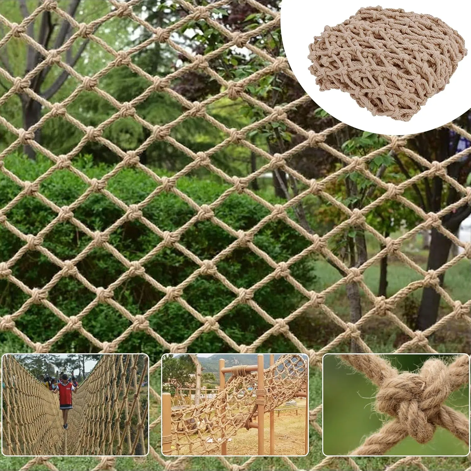 Safety Hemp Rope Net Kids Climbing Safety Net Tree House Climbing Children Safety Rope Net Balcony Stairs Fence Railing Garden Playground Protection Heavy Duty Net Indoor&Outdoor Decor Rope Net(10mm)