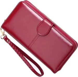 SAFIGLE Red Zipper Wallet Phone Pouch Oil Wax Leather Card Pouch for Women Snap Closure Wallet Pockets Portable Pack Purse for Daily Use