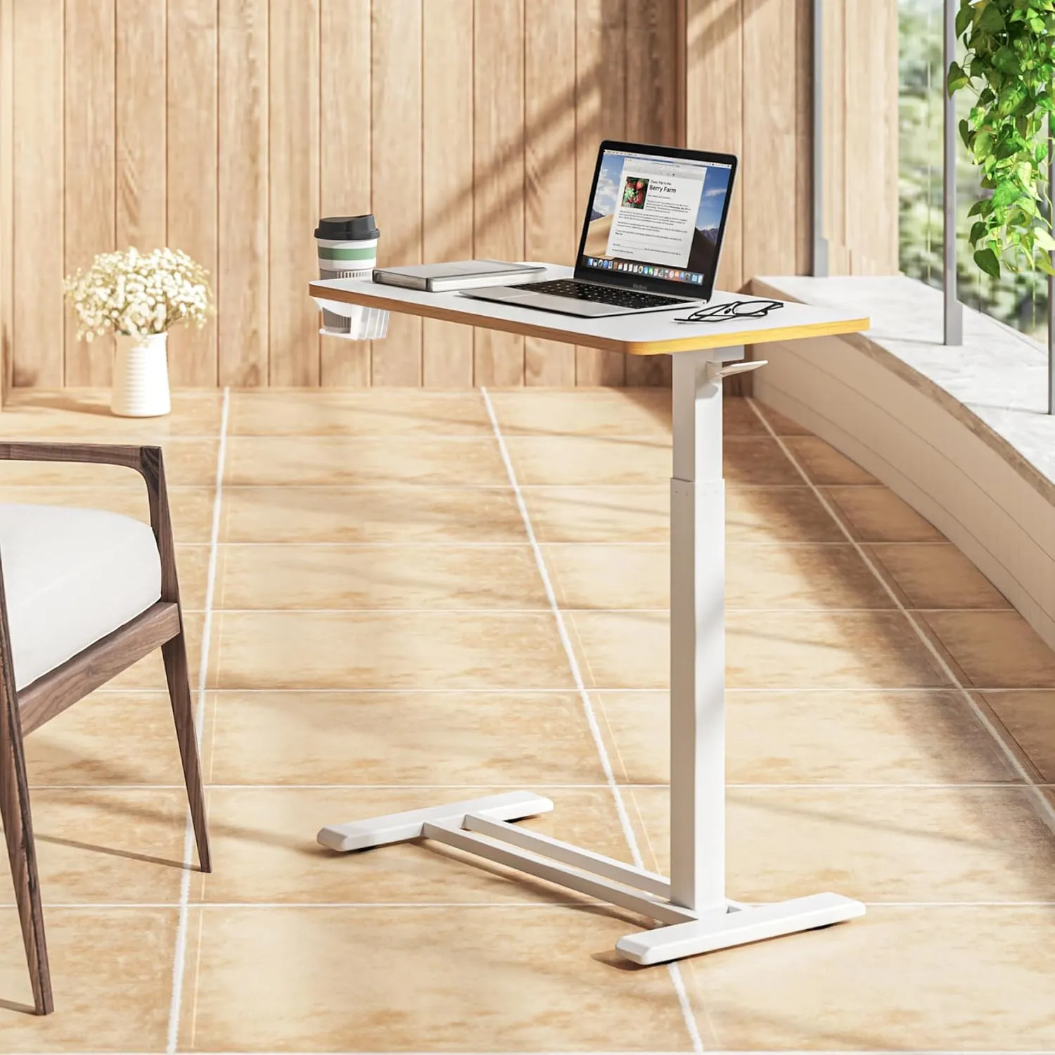 SANODESK Medical Adjustable Overbed Bedside Table with Hidden Casters, Pneumatic Mobile Laptop Computer Standing Desk Cart with Tray, Hospital and Home Use(27.6" W x 15.7" D, White)