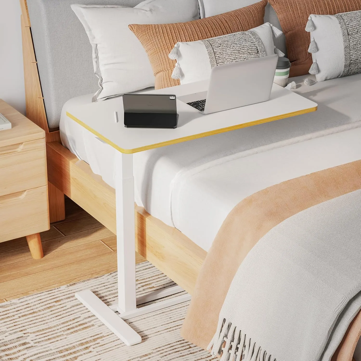 SANODESK Medical Adjustable Overbed Bedside Table with Hidden Casters, Pneumatic Mobile Laptop Computer Standing Desk Cart with Tray, Hospital and Home Use(27.6" W x 15.7" D, White)