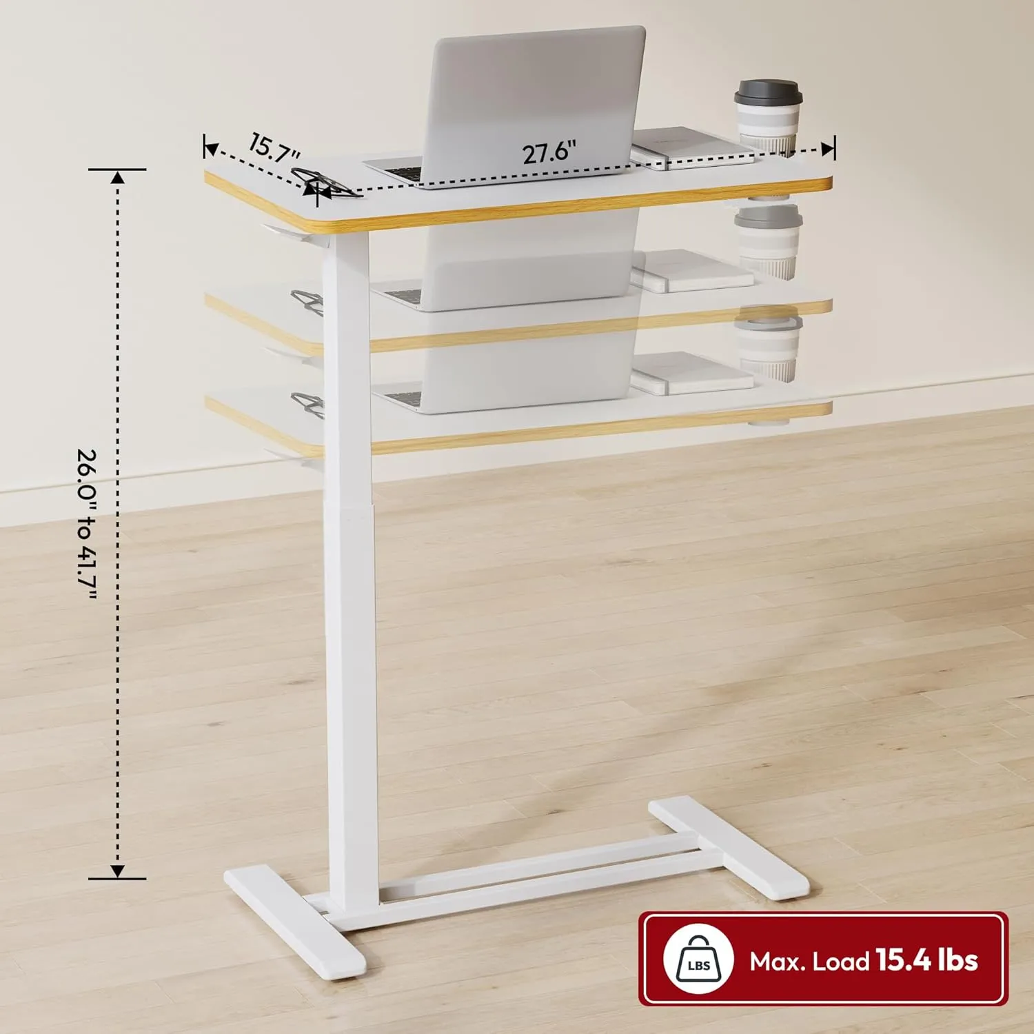 SANODESK Medical Adjustable Overbed Bedside Table with Hidden Casters, Pneumatic Mobile Laptop Computer Standing Desk Cart with Tray, Hospital and Home Use(27.6" W x 15.7" D, White)