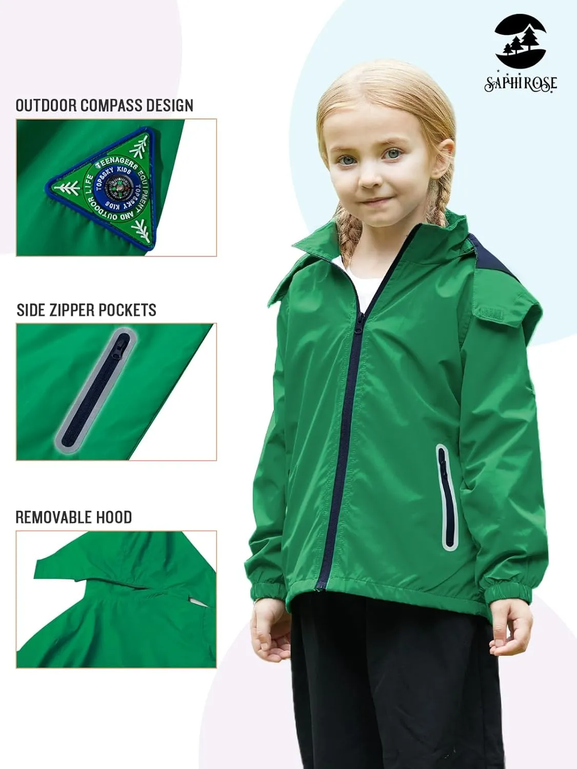 SaphiRose Kids Rain Jacket Waterproof Raincoat Mesh Lined Coat with Removable Hood for Boys Girls