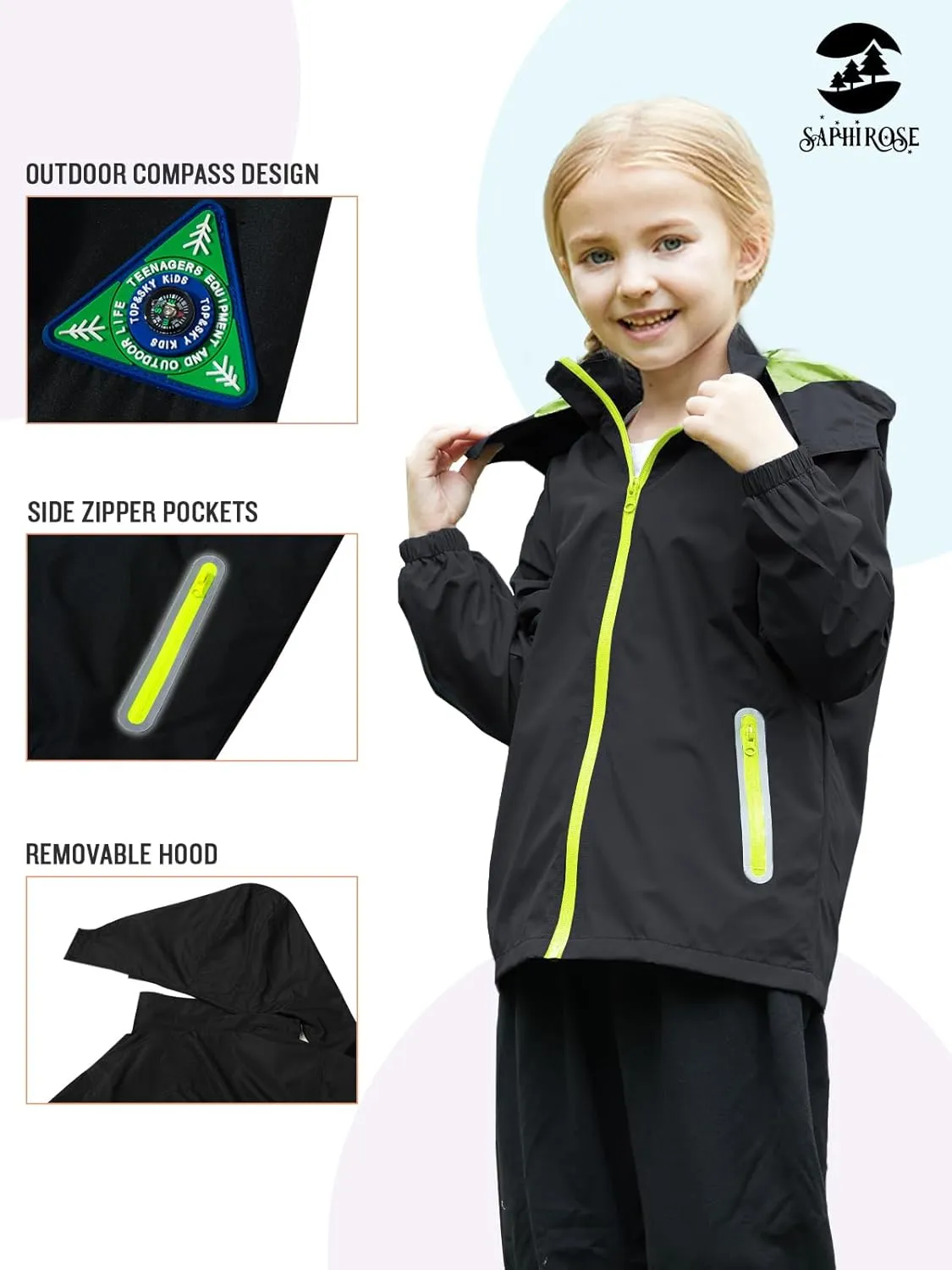 SaphiRose Kids Rain Jacket Waterproof Raincoat Mesh Lined Coat with Removable Hood for Boys Girls
