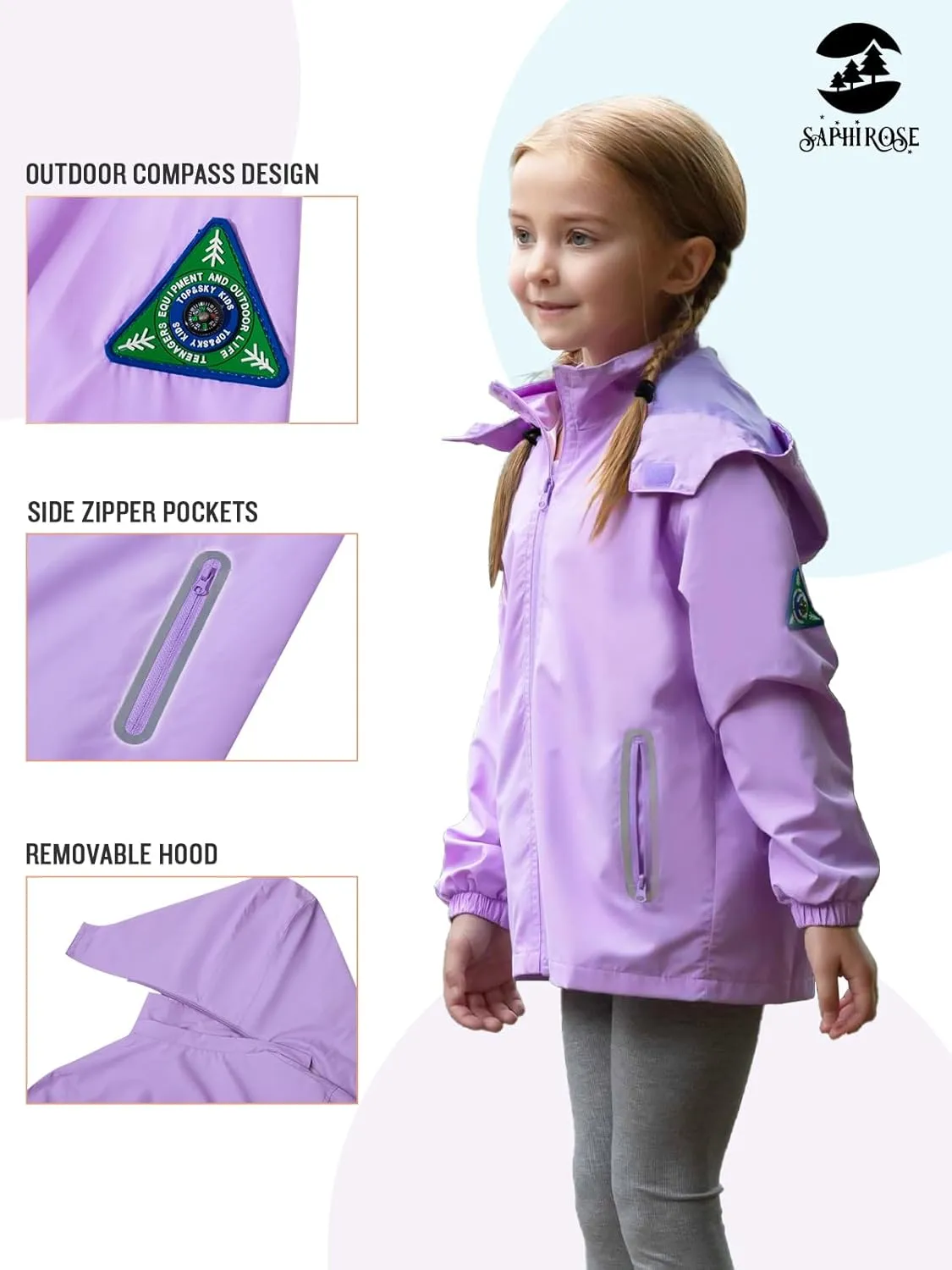 SaphiRose Kids Rain Jacket Waterproof Raincoat Mesh Lined Coat with Removable Hood for Boys Girls