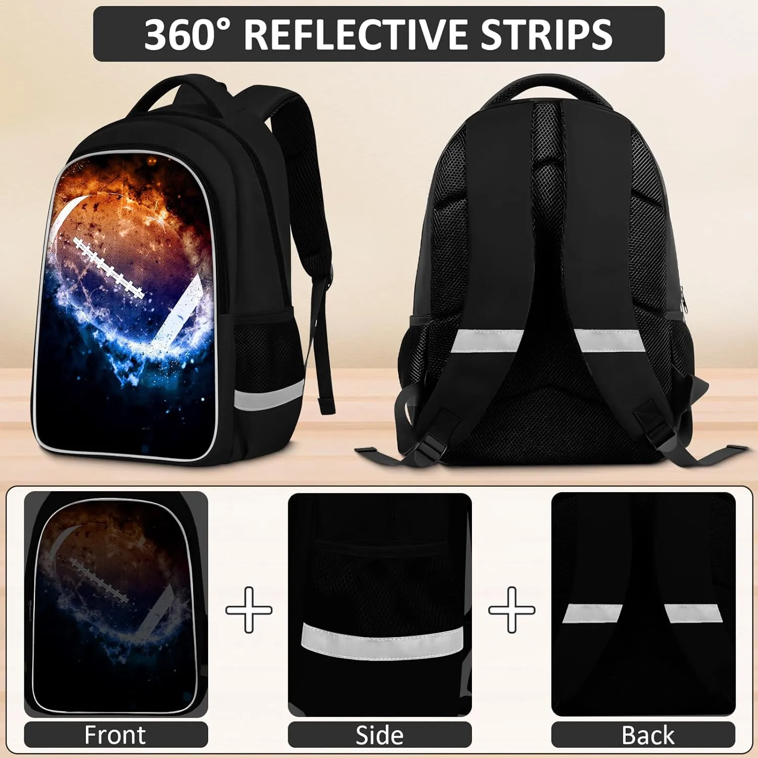 School Backpack for Boys - 4pcs Ameriacn Football Boys Backpack with Lunch Box and Pencil Case for Kids Children Teens Elementary Middle School - Students Bag for Ages 6-18,17″Bookbag Travel Back Pack