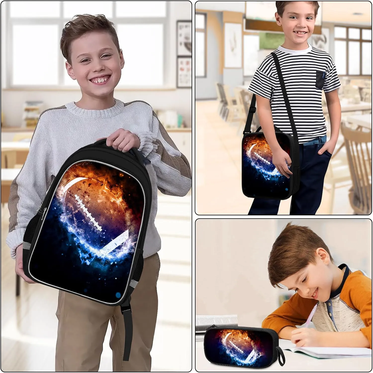 School Backpack for Boys - 4pcs Ameriacn Football Boys Backpack with Lunch Box and Pencil Case for Kids Children Teens Elementary Middle School - Students Bag for Ages 6-18,17″Bookbag Travel Back Pack
