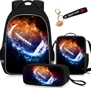 School Backpack for Boys - 4pcs Ameriacn Football Boys Backpack with Lunch Box and Pencil Case for Kids Children Teens Elementary Middle School - Students Bag for Ages 6-18,17″Bookbag Travel Back Pack