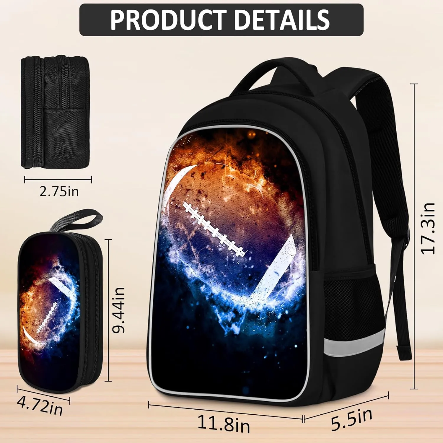School Backpack for Boys - 4pcs Ameriacn Football Boys Backpack with Lunch Box and Pencil Case for Kids Children Teens Elementary Middle School - Students Bag for Ages 6-18,17″Bookbag Travel Back Pack
