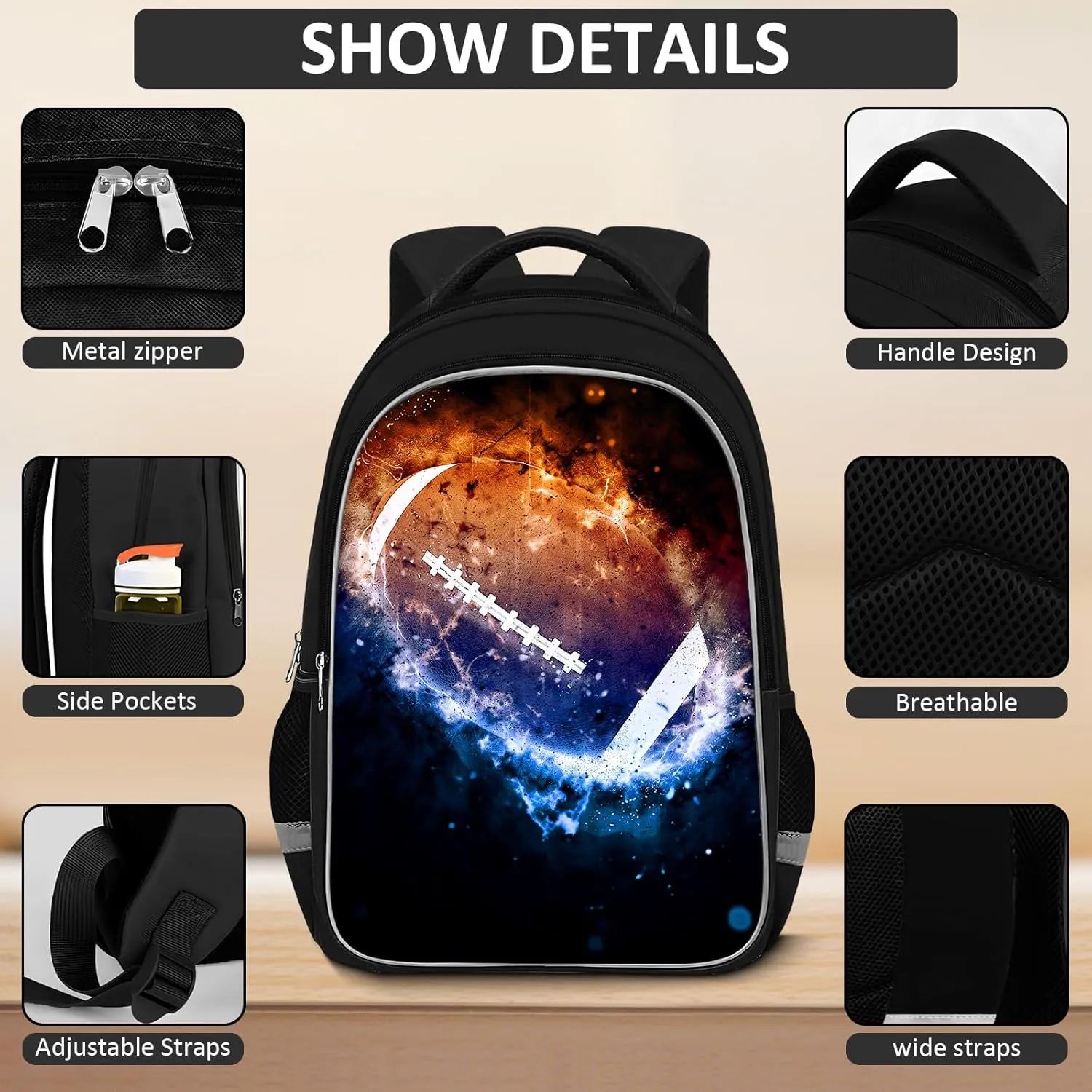 School Backpack for Boys - 4pcs Ameriacn Football Boys Backpack with Lunch Box and Pencil Case for Kids Children Teens Elementary Middle School - Students Bag for Ages 6-18,17″Bookbag Travel Back Pack