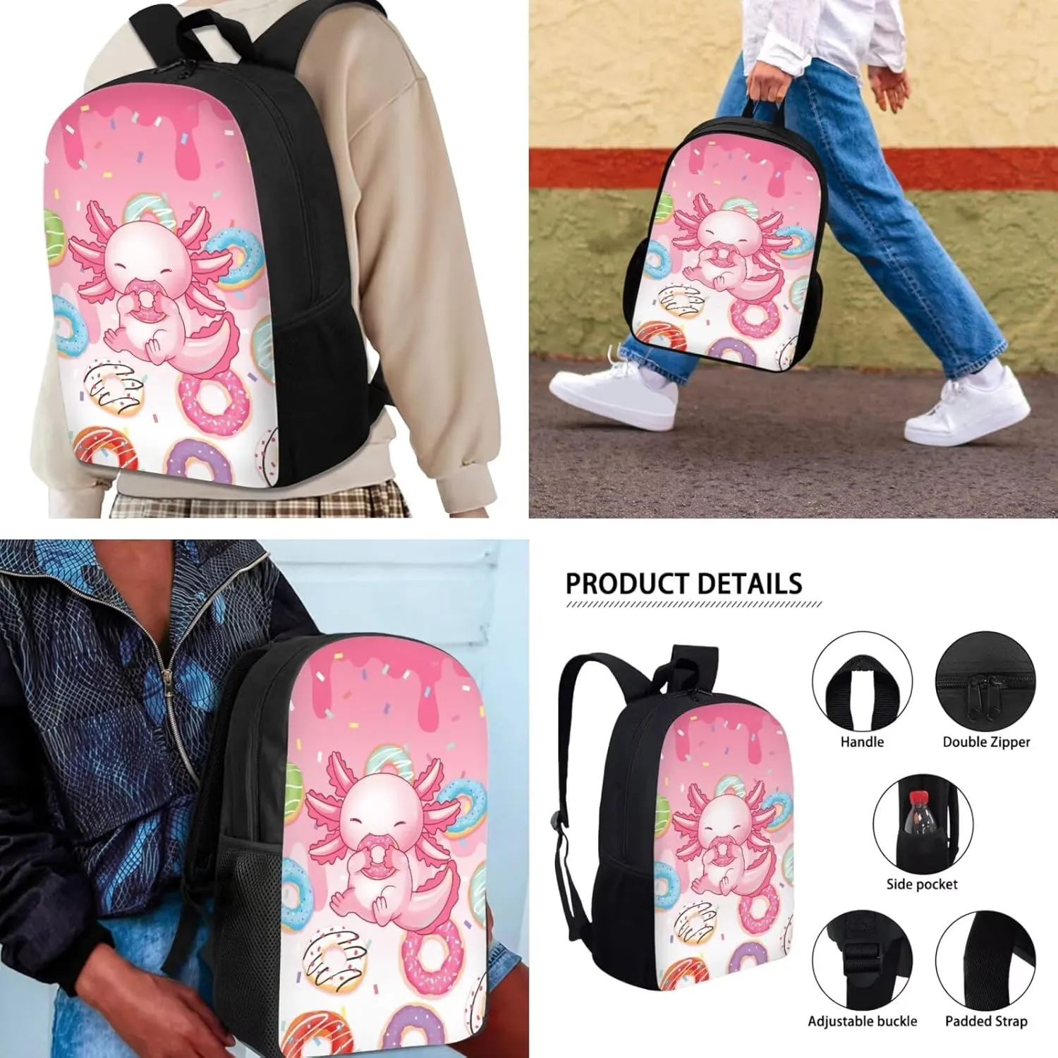 School Backpack for Girls Middle School, Axolotl Doughnut Print 17 Inch Lightweight Teens School Bag Bookbag with Insulated Lunch Bag Zipper Pencil Case