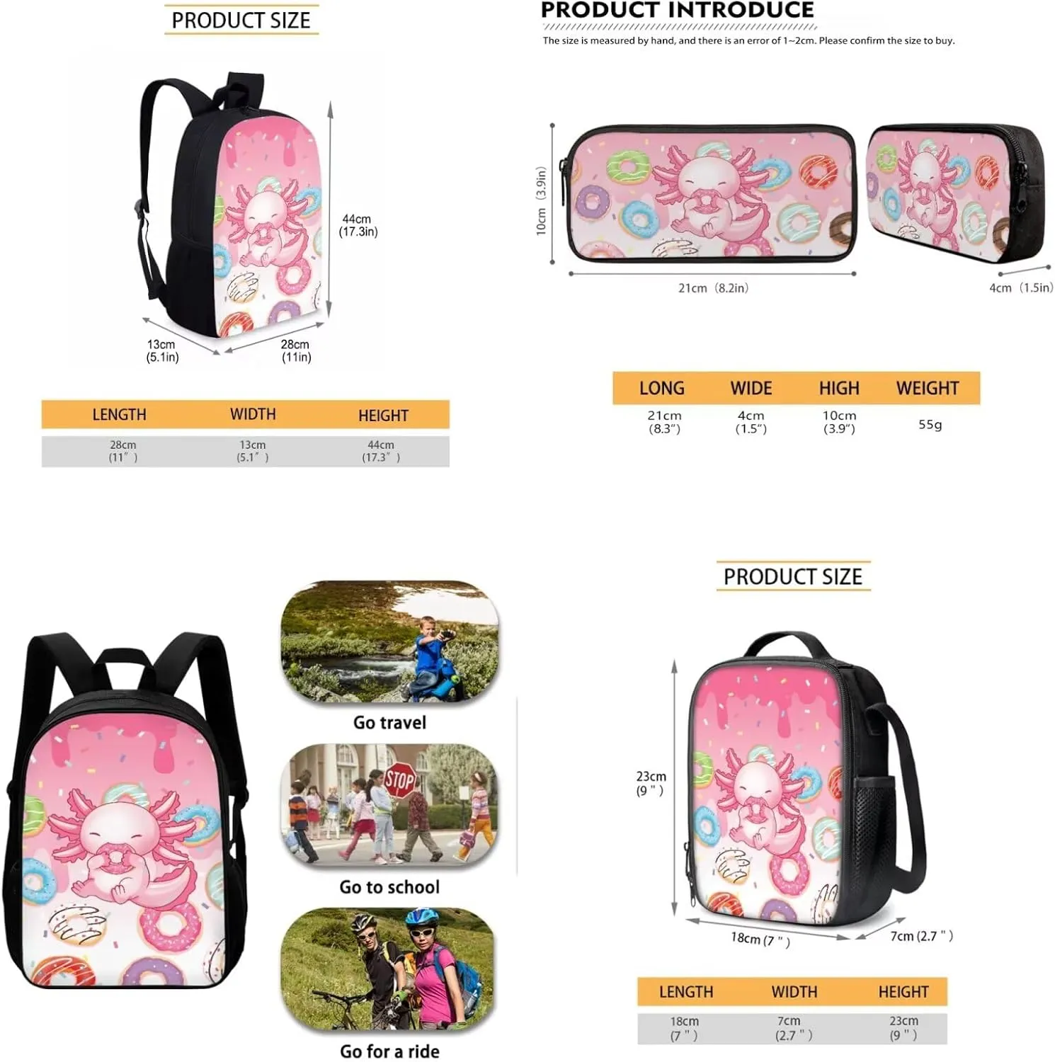 School Backpack for Girls Middle School, Axolotl Doughnut Print 17 Inch Lightweight Teens School Bag Bookbag with Insulated Lunch Bag Zipper Pencil Case