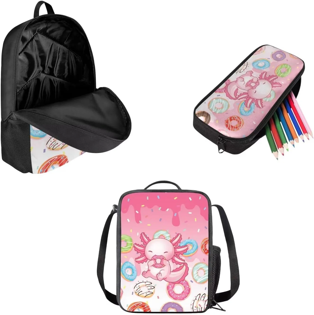 School Backpack for Girls Middle School, Axolotl Doughnut Print 17 Inch Lightweight Teens School Bag Bookbag with Insulated Lunch Bag Zipper Pencil Case