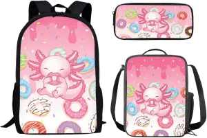 School Backpack for Girls Middle School, Axolotl Doughnut Print 17 Inch Lightweight Teens School Bag Bookbag with Insulated Lunch Bag Zipper Pencil Case