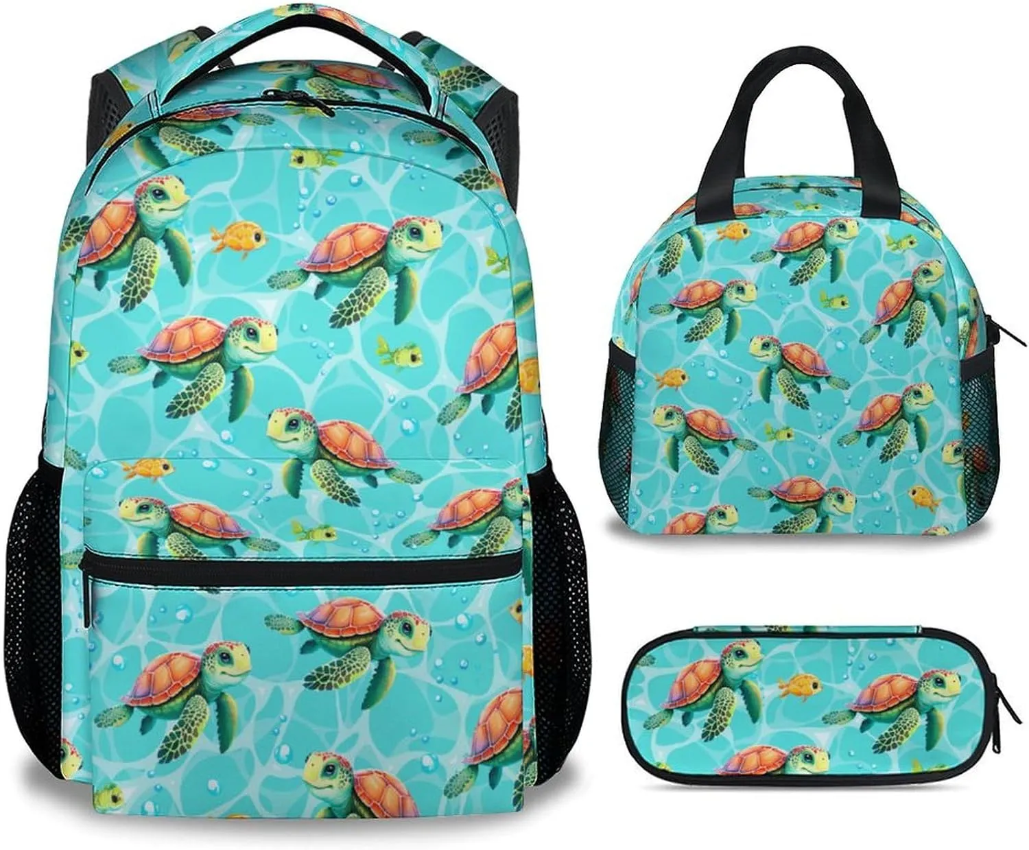 School Backpack with Lunch Box - Set of 3 Turtle Backpacks Matching Combo for Boys 5-7 - Cute Green Bookbag and Pencil Case Bundle