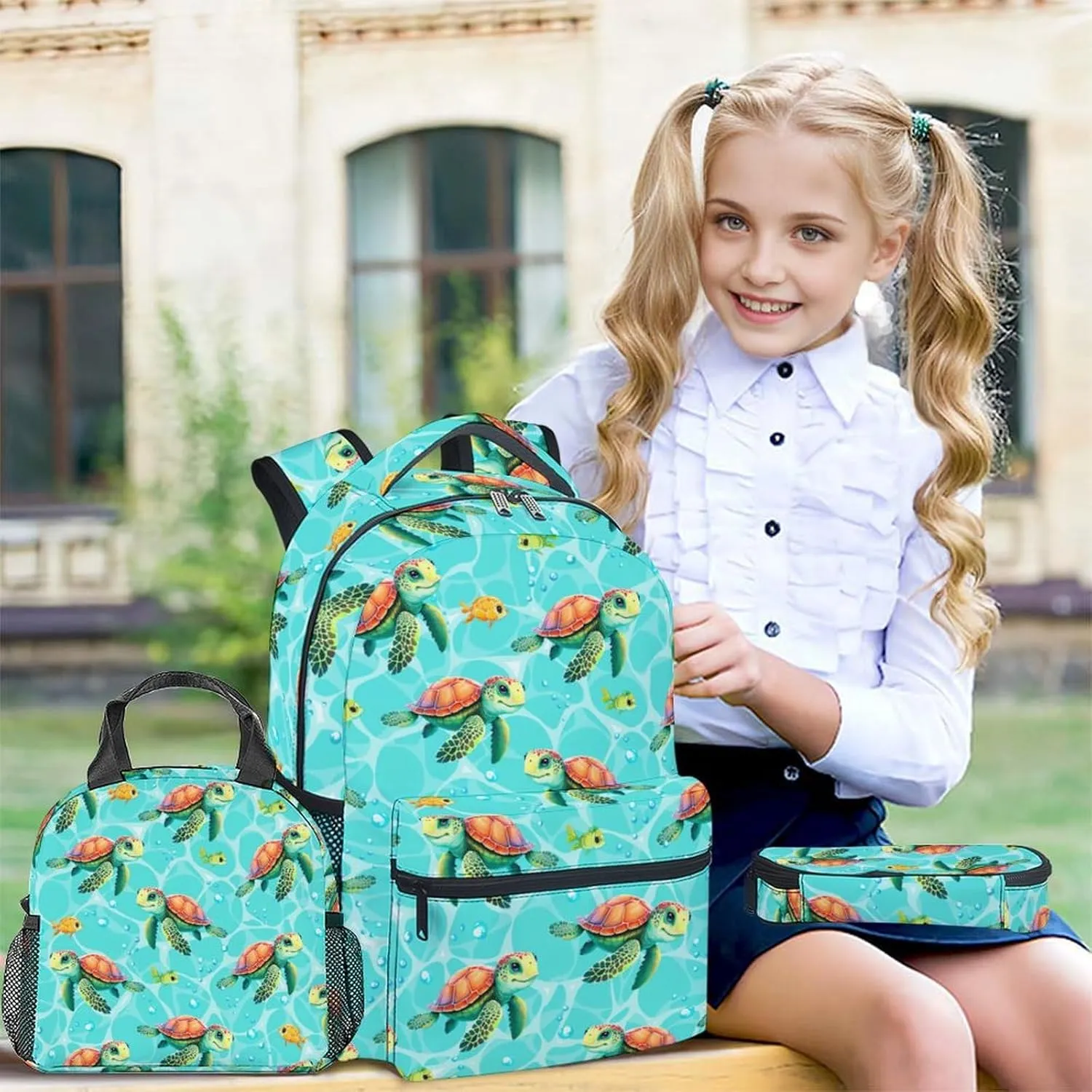 School Backpack with Lunch Box - Set of 3 Turtle Backpacks Matching Combo for Boys 5-7 - Cute Green Bookbag and Pencil Case Bundle