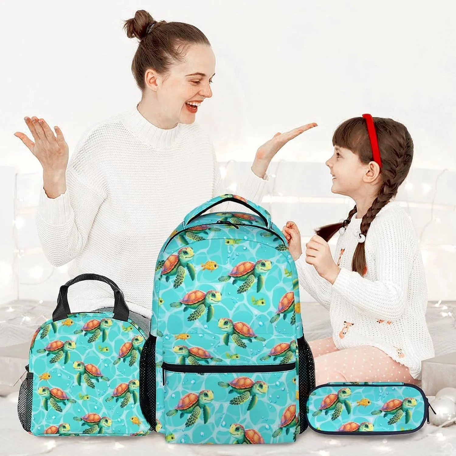 School Backpack with Lunch Box - Set of 3 Turtle Backpacks Matching Combo for Boys 5-7 - Cute Green Bookbag and Pencil Case Bundle