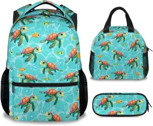 School Backpack with Lunch Box - Set of 3 Turtle Backpacks Matching Combo for Boys 5-7 - Cute Green Bookbag and Pencil Case Bundle