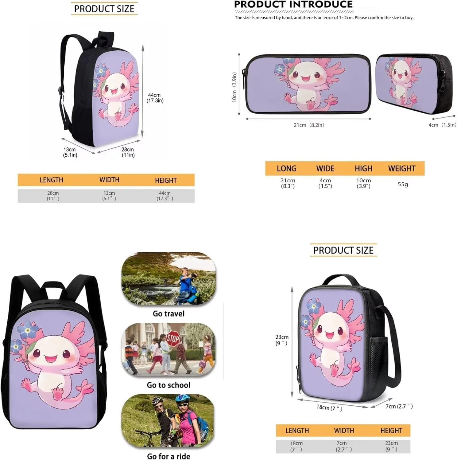 School Backpacks for Girls with Insulated Lunch Pack Pencil Case 3 Pcs Set, Axolotl Floral Print Lightweight Large Capacity Bookbag for Primary School, Middle School