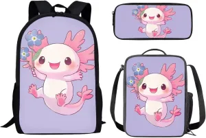 School Backpacks for Girls with Insulated Lunch Pack Pencil Case 3 Pcs Set, Axolotl Floral Print Lightweight Large Capacity Bookbag for Primary School, Middle School