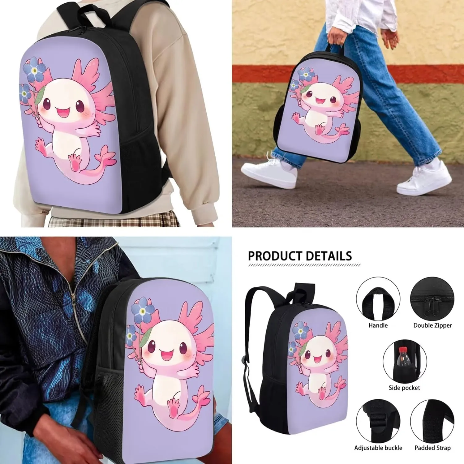 School Backpacks for Girls with Insulated Lunch Pack Pencil Case 3 Pcs Set, Axolotl Floral Print Lightweight Large Capacity Bookbag for Primary School, Middle School