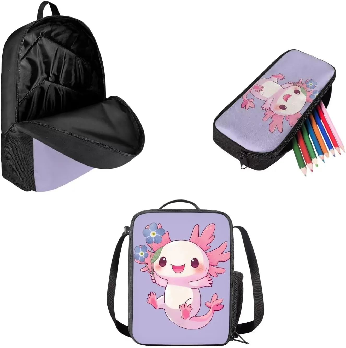 School Backpacks for Girls with Insulated Lunch Pack Pencil Case 3 Pcs Set, Axolotl Floral Print Lightweight Large Capacity Bookbag for Primary School, Middle School