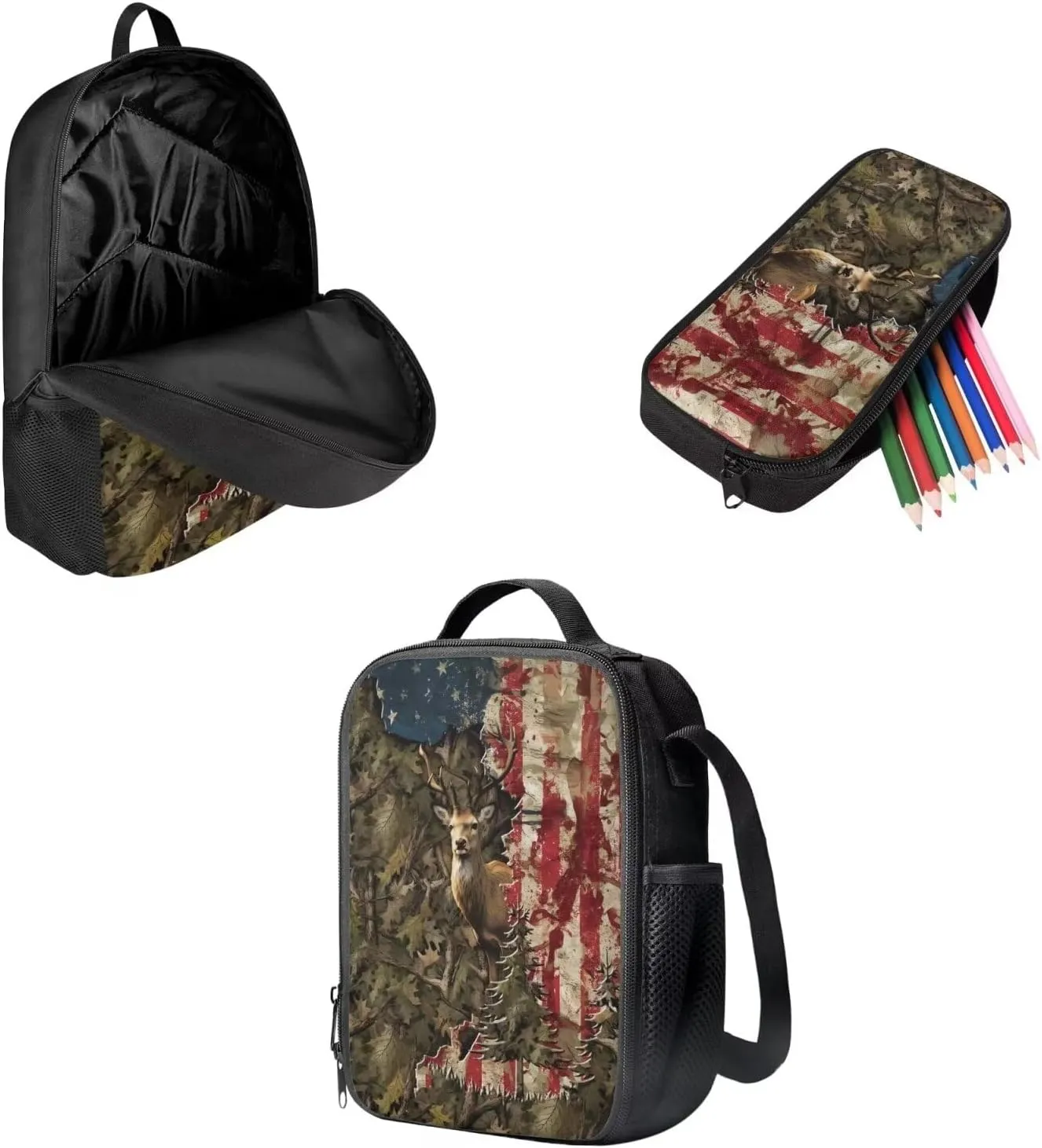School Bag for Boys Backpack with Lunch Box Pencil Case American Flag Deer Kindergarten Elementary Middle Casual School Bag Daypack