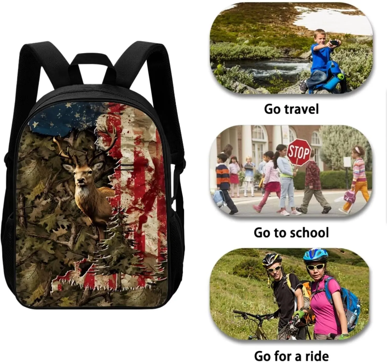 School Bag for Boys Backpack with Lunch Box Pencil Case American Flag Deer Kindergarten Elementary Middle Casual School Bag Daypack