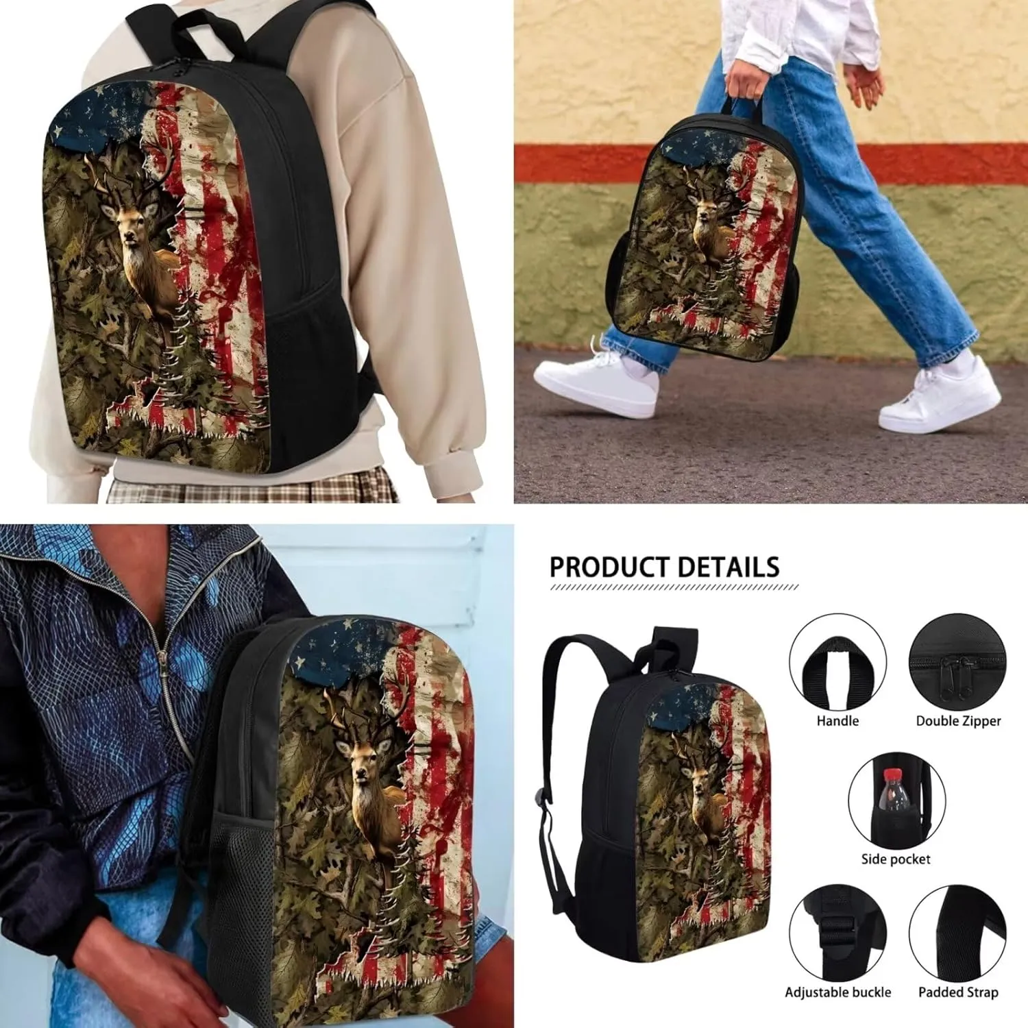 School Bag for Boys Backpack with Lunch Box Pencil Case American Flag Deer Kindergarten Elementary Middle Casual School Bag Daypack
