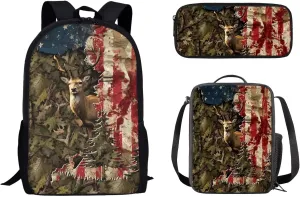 School Bag for Boys Backpack with Lunch Box Pencil Case American Flag Deer Kindergarten Elementary Middle Casual School Bag Daypack
