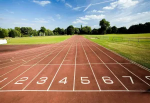 School Track & Field Backdrop - Running Track Photography Background for Sports Portraits, Stadium Playground School Party Decor Photo Booth Props 7x5ft