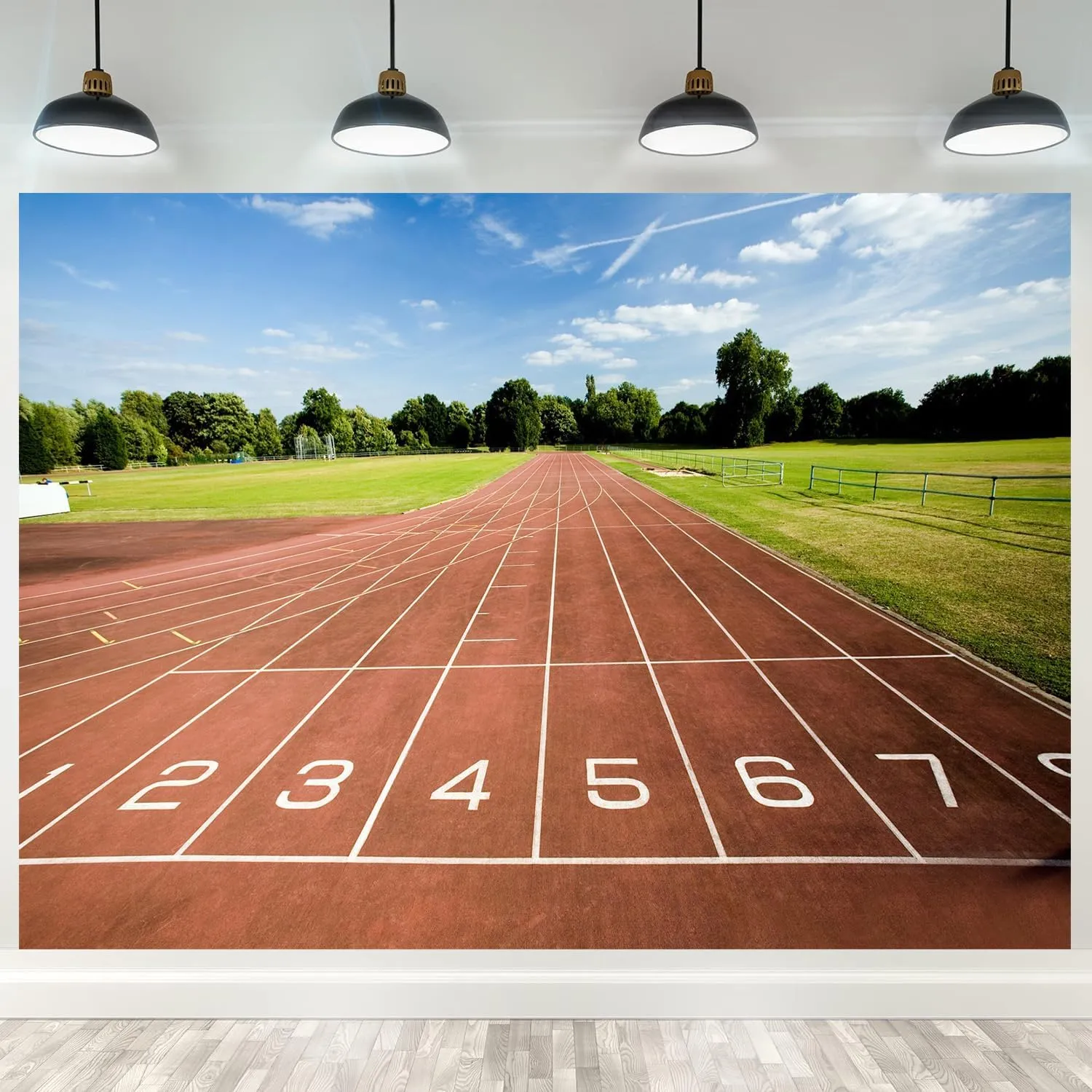 School Track & Field Backdrop - Running Track Photography Background for Sports Portraits, Stadium Playground School Party Decor Photo Booth Props 7x5ft