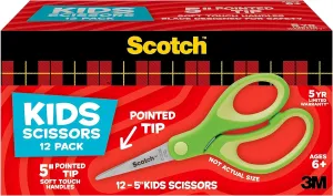 Scotch 5 Soft Touch Pointed Kid Scissors, Green, 12 Count Teachers Pack