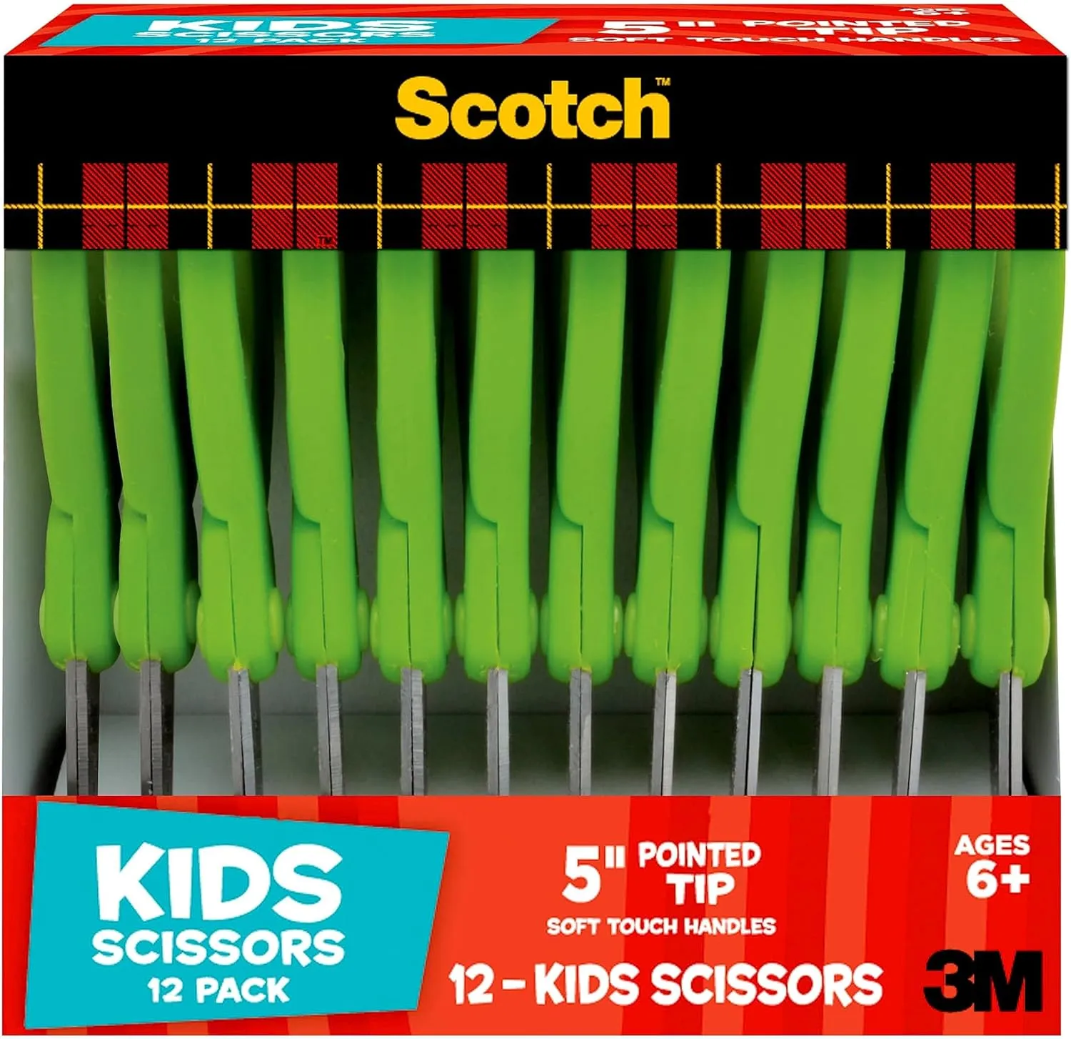 Scotch 5 Soft Touch Pointed Kid Scissors, Green, 12 Count Teachers Pack