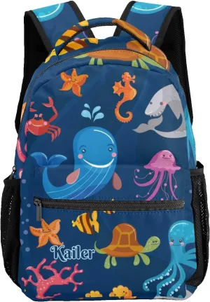Sea Turtle Whales Personalized Kids School Backpack Custom Name for Boys Girls Primary Daypack Bookbag Travel Bag