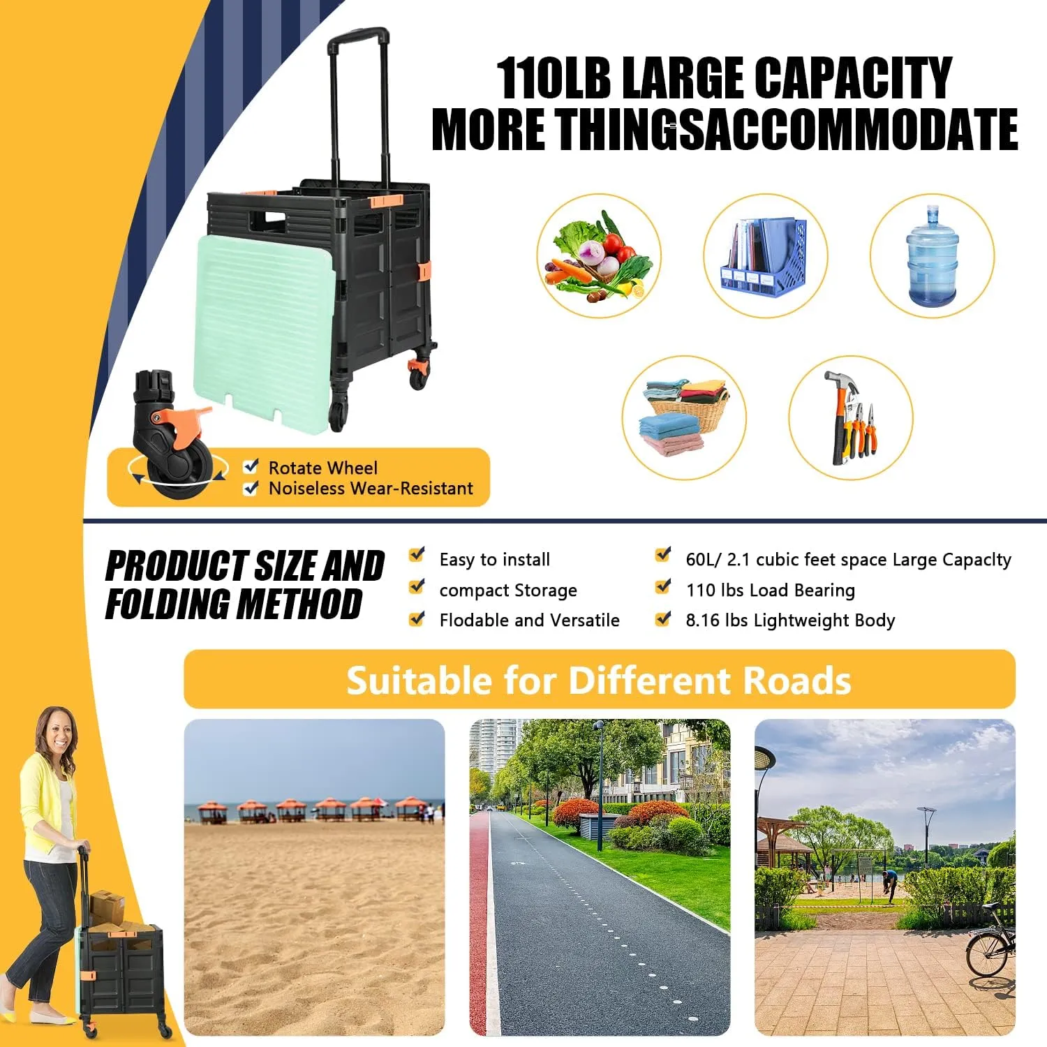 SELORSS Foldable Utility Cart Portable Rolling Crate Handcart Shopping Trolley Collapsible Tool Box with Rotate Noiseless Wheels Telescoping Handle Lid for Travel Move Storage Office School (Green)