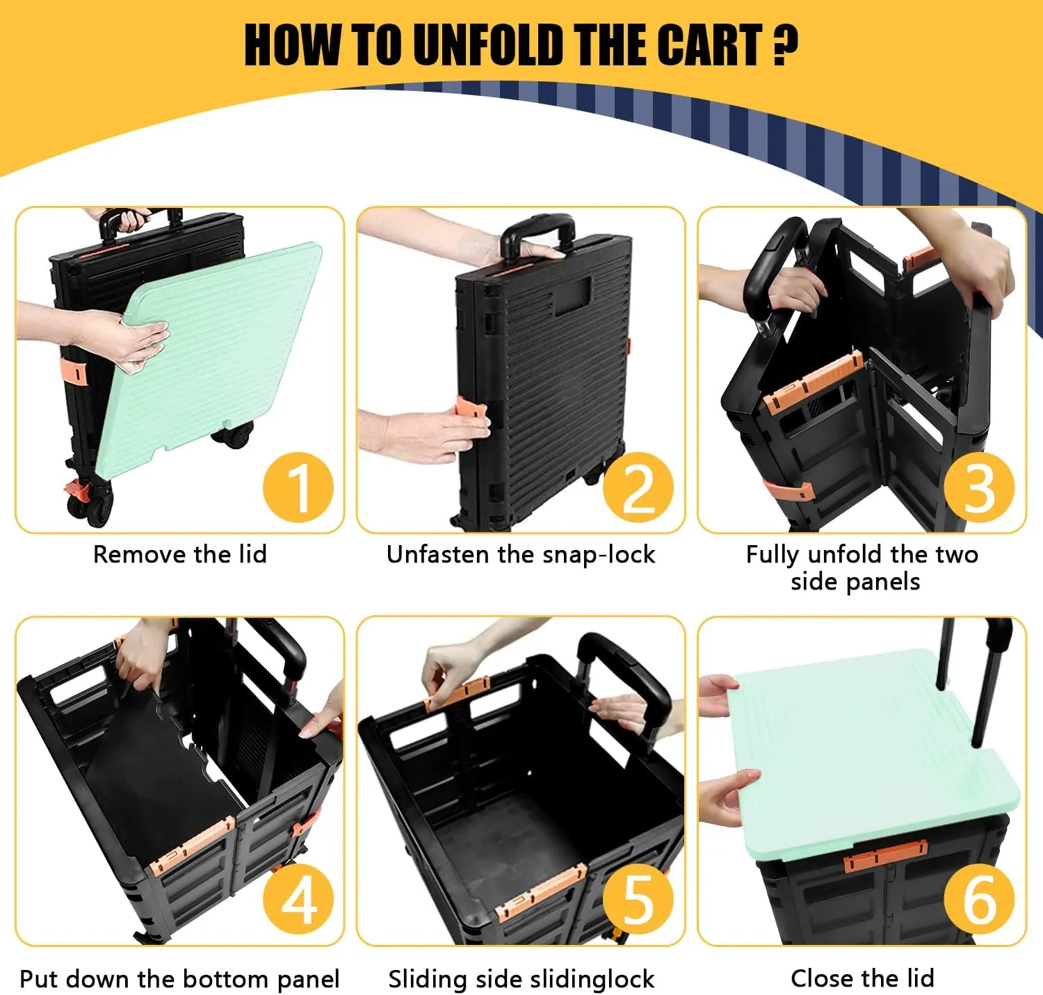 SELORSS Foldable Utility Cart Portable Rolling Crate Handcart Shopping Trolley Collapsible Tool Box with Rotate Noiseless Wheels Telescoping Handle Lid for Travel Move Storage Office School (Green)