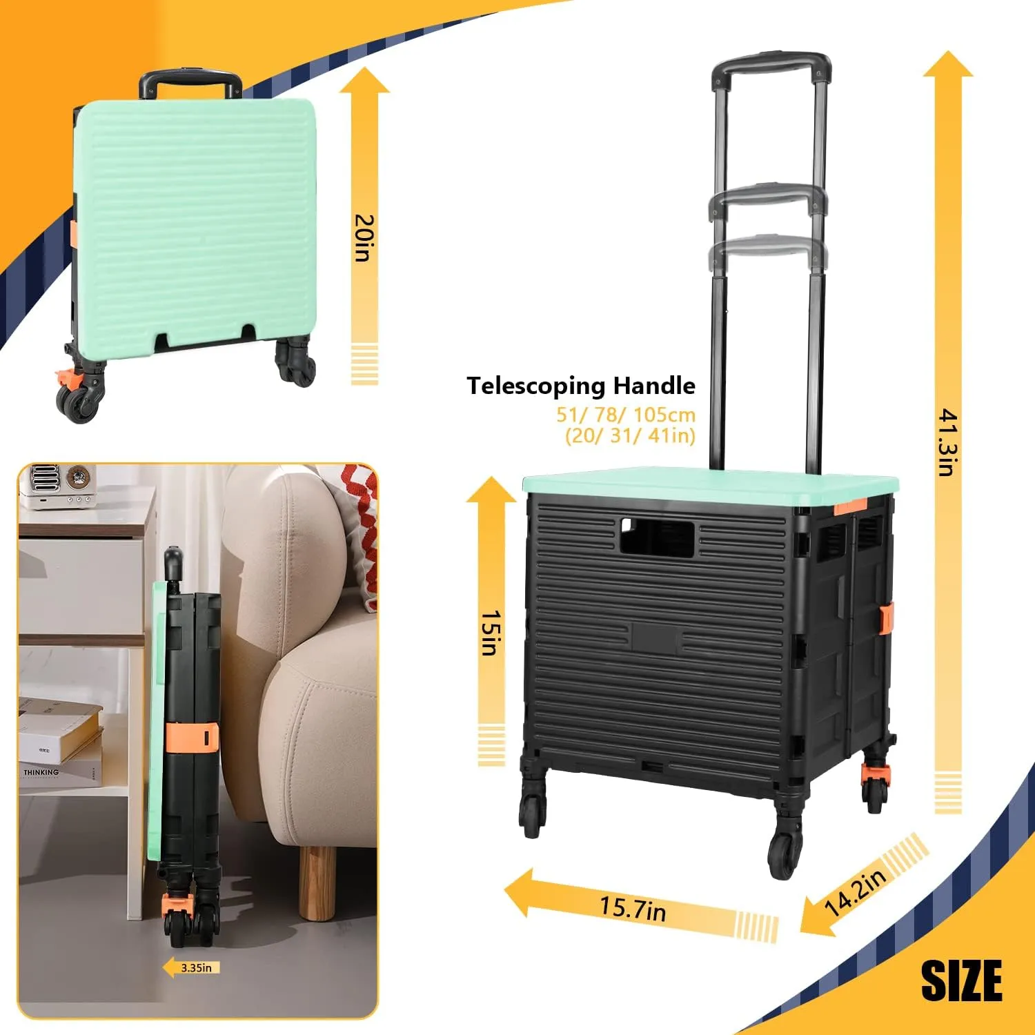 SELORSS Foldable Utility Cart Portable Rolling Crate Handcart Shopping Trolley Collapsible Tool Box with Rotate Noiseless Wheels Telescoping Handle Lid for Travel Move Storage Office School (Green)