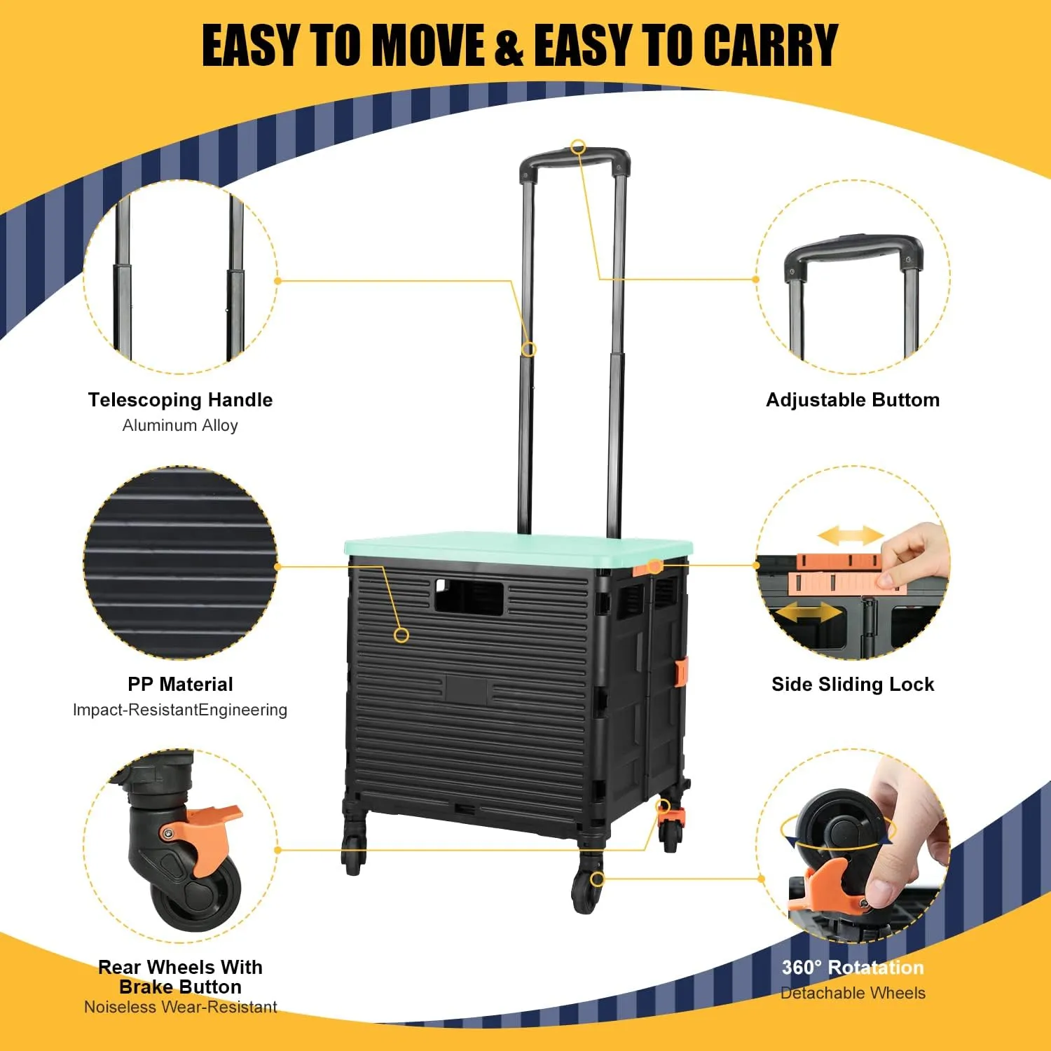 SELORSS Foldable Utility Cart Portable Rolling Crate Handcart Shopping Trolley Collapsible Tool Box with Rotate Noiseless Wheels Telescoping Handle Lid for Travel Move Storage Office School (Green)
