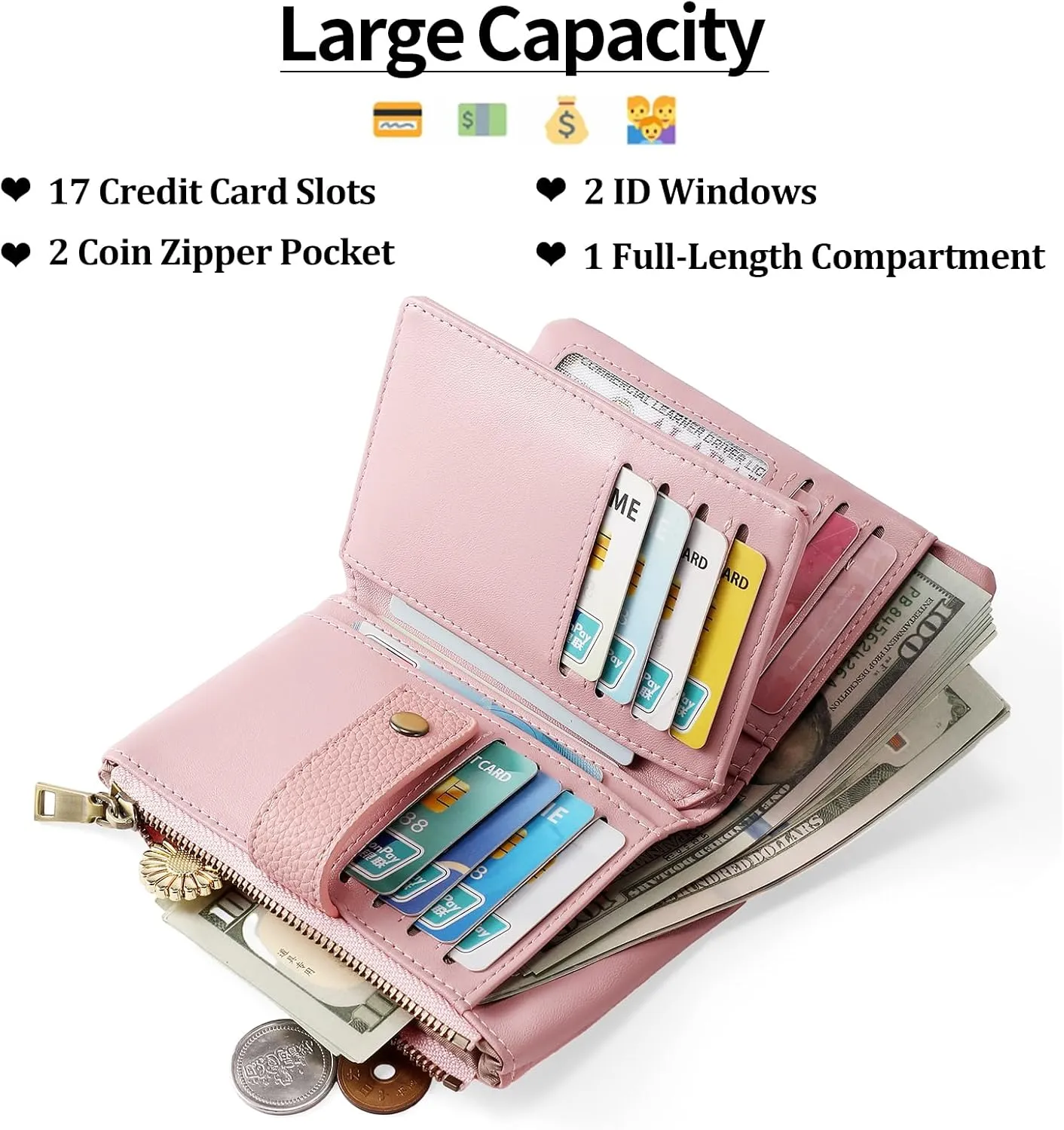 SENDEFN Small Wallet for Women Leather RFID Blocking Wristlet Wallet Credit Card Holder with Double Zipper Coin Purse Ladies Bifold Purse