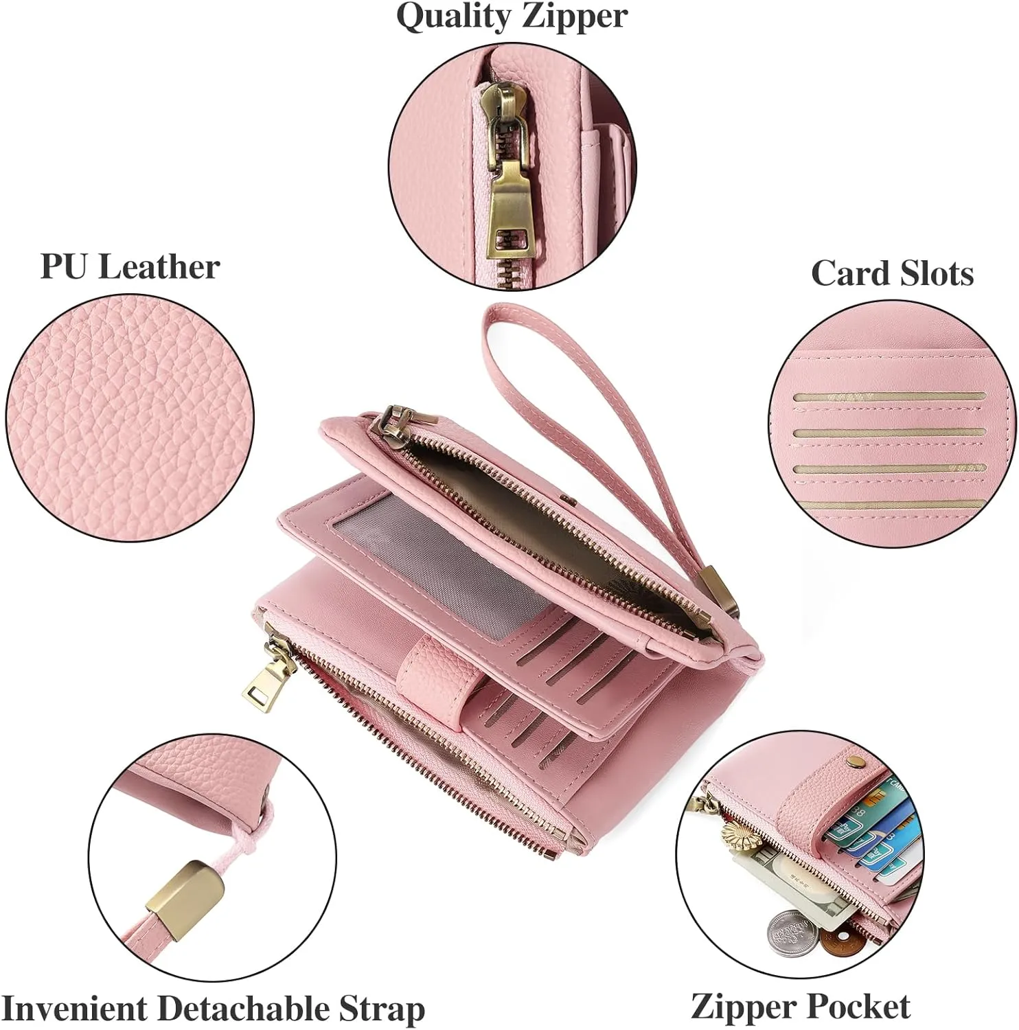 SENDEFN Small Wallet for Women Leather RFID Blocking Wristlet Wallet Credit Card Holder with Double Zipper Coin Purse Ladies Bifold Purse
