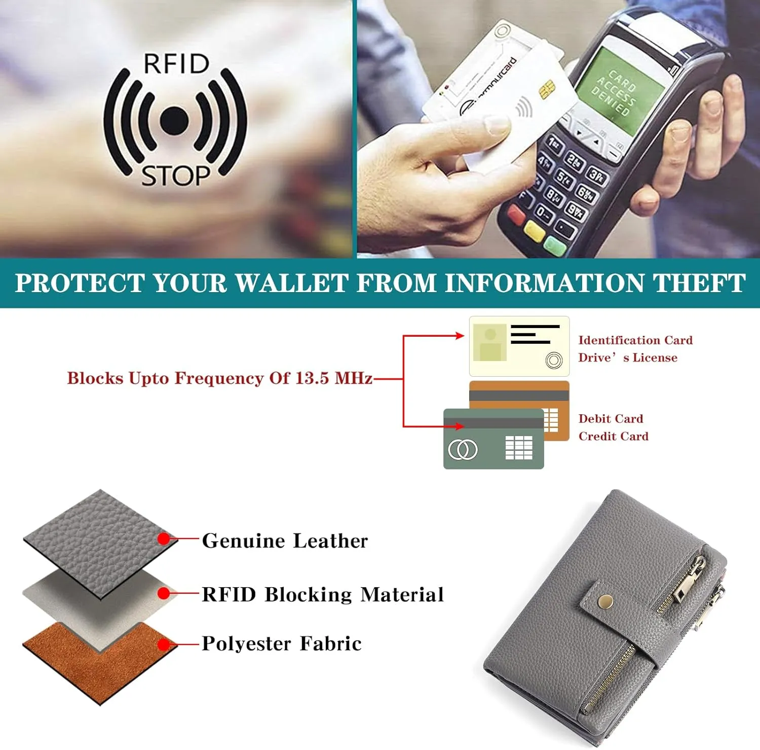 SENDEFN Small Wallet for Women Leather RFID Blocking Wristlet Wallet Credit Card Holder with Double Zipper Coin Purse Ladies Bifold Purse