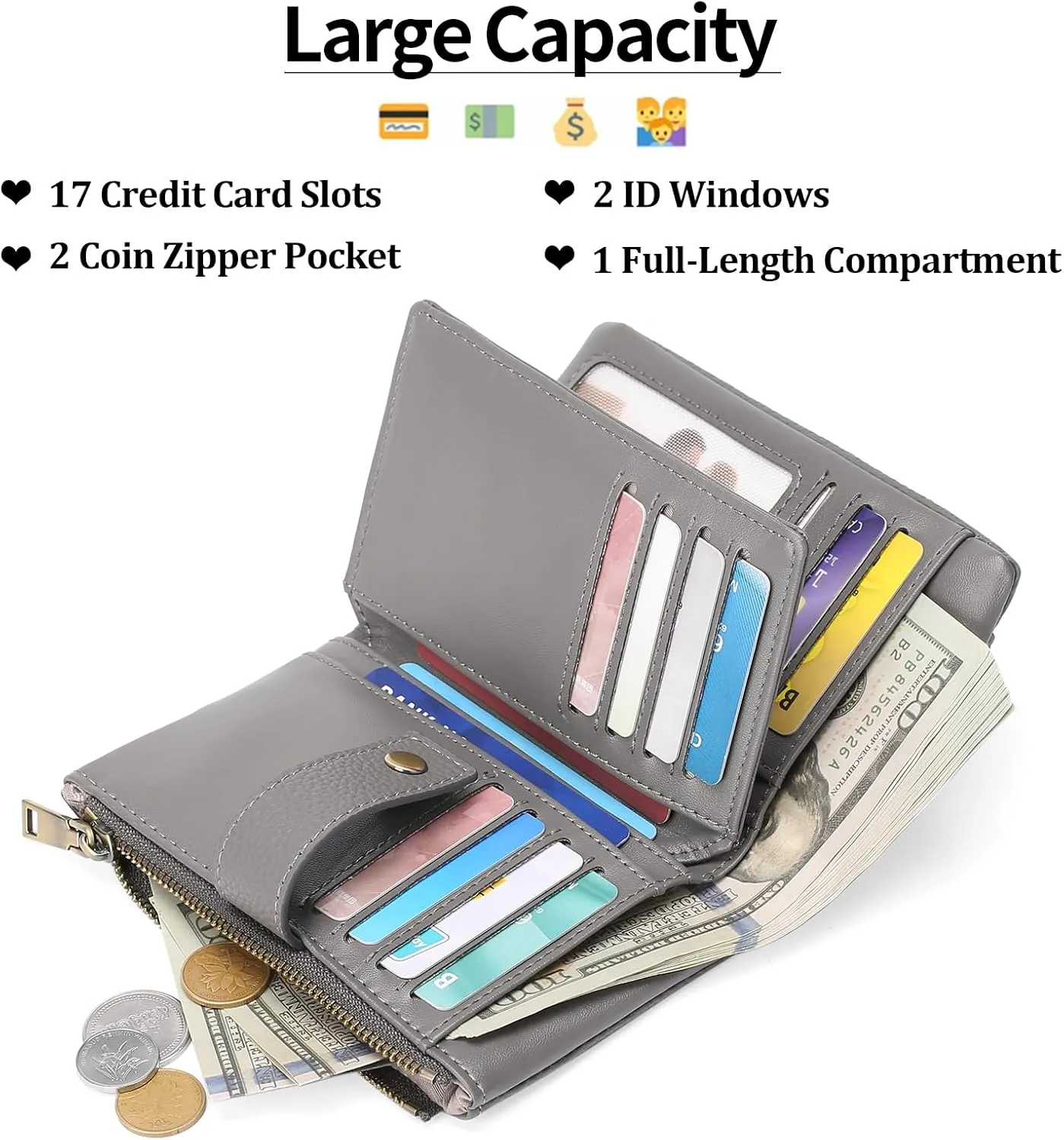 SENDEFN Small Wallet for Women Leather RFID Blocking Wristlet Wallet Credit Card Holder with Double Zipper Coin Purse Ladies Bifold Purse