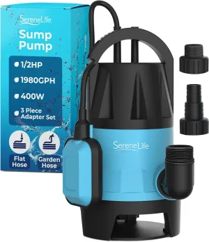 SereneLife 1/2HP Sump Pump Submersible, 1980GPH Water Pump for Pool Draining with Auto Float Switch, 3pc Adapter Set for USA Garden and Flat Hose, 16ft Cord, Clean Dirty Water, Yard, Pool, Tub, Pond