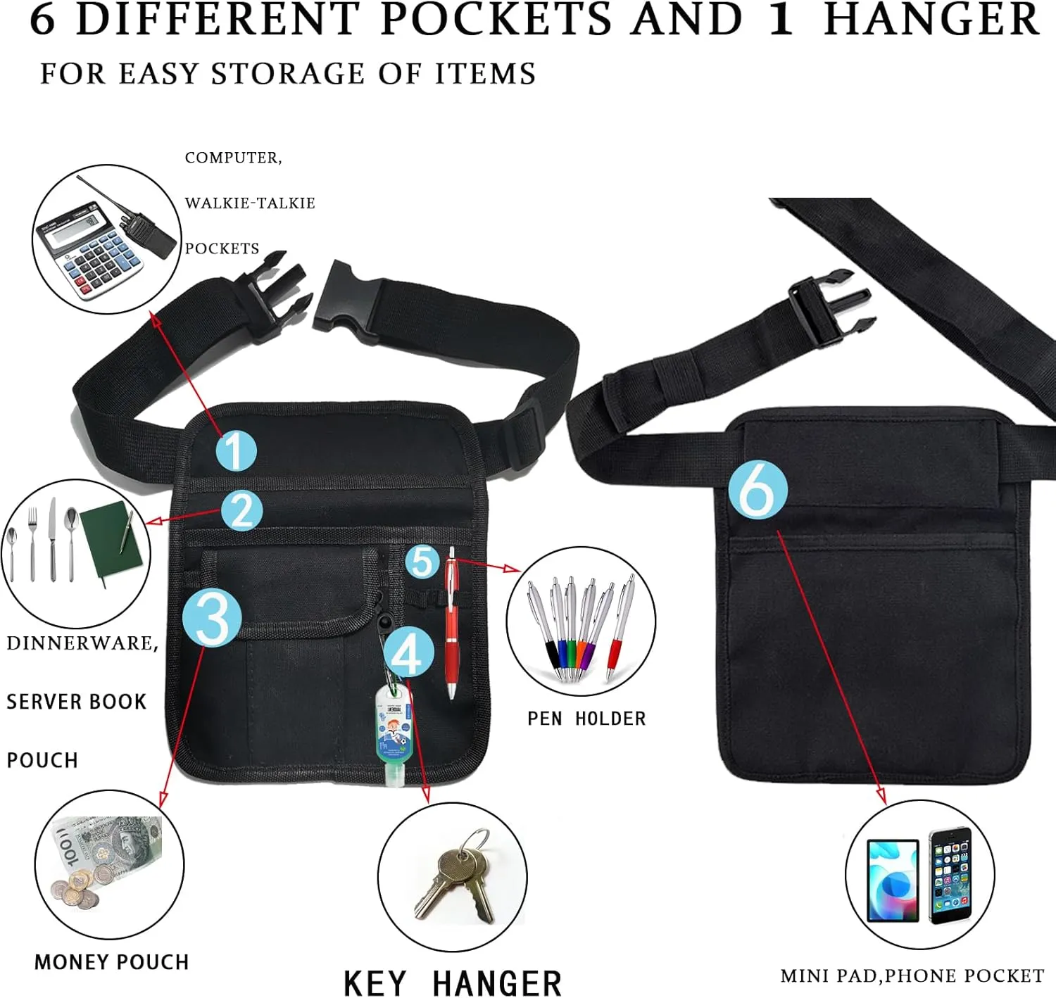 Server Waist Pouch, Server Apron Short Pocket Apron, server pouch Aprons with Pockets Adjustable Belt Waitress Apron Pouch Utility Belt Pouch Tool Bag Waist for Waiter