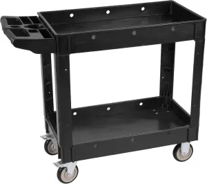 Service Utility Cart, 2-Shelf 550LBS Heavy Duty Plastic Rolling Tool Cart 2 Swivel Casters with Brakes, Ergonomic Storage Handle for Warehouse, Garage, Cleaning, Manufacturing - Black