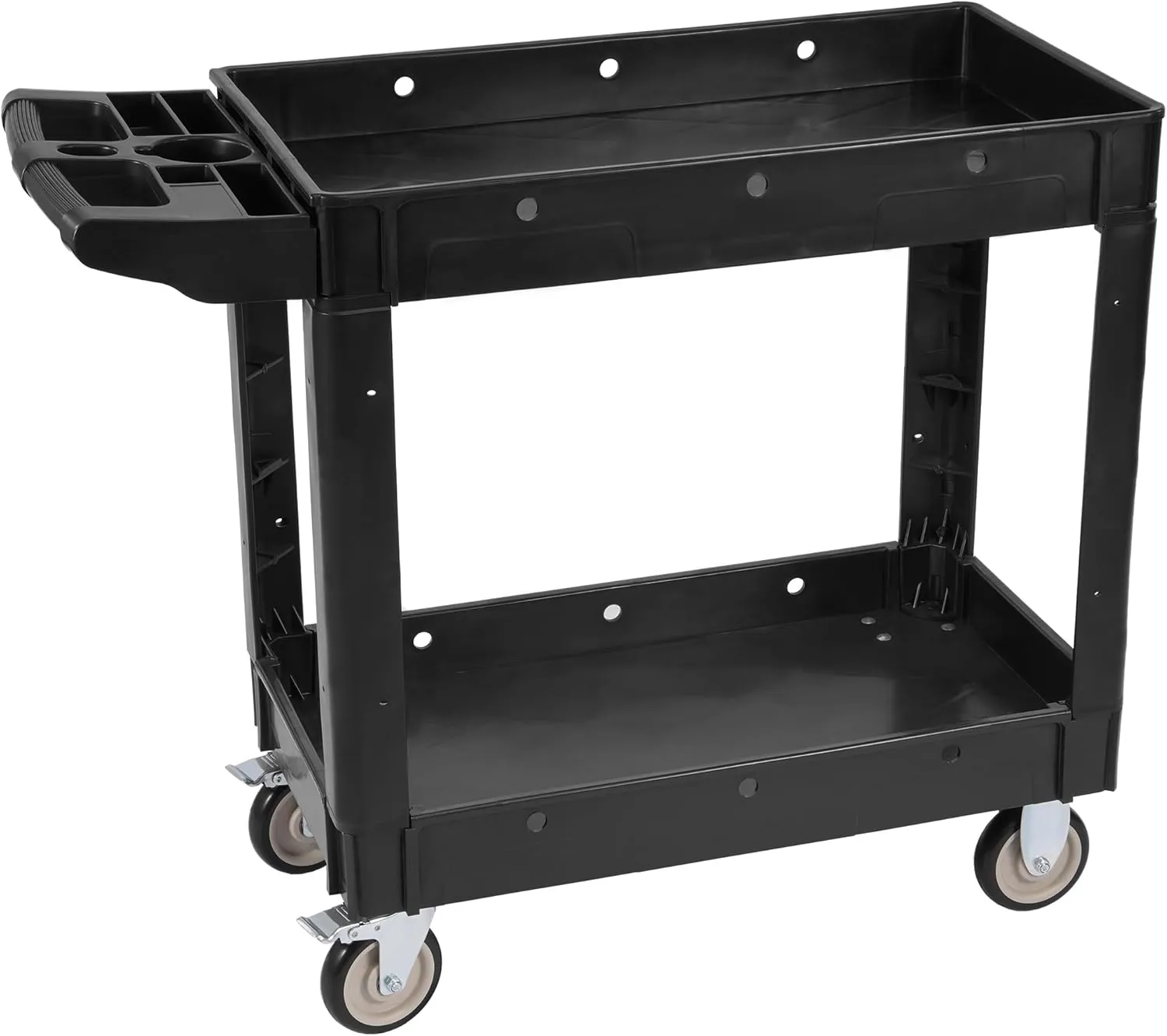 Service Utility Cart, 2-Shelf 550LBS Heavy Duty Plastic Rolling Tool Cart 2 Swivel Casters with Brakes, Ergonomic Storage Handle for Warehouse, Garage, Cleaning, Manufacturing - Black