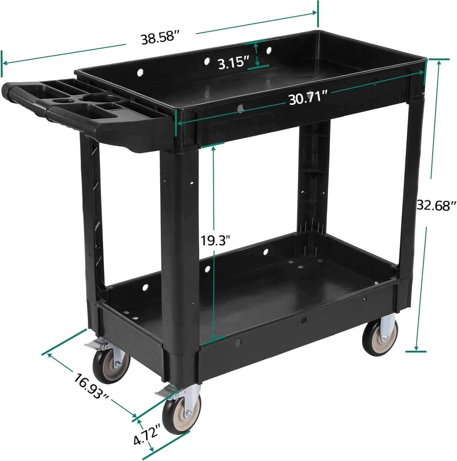 Service Utility Cart, 2-Shelf 550LBS Heavy Duty Plastic Rolling Tool Cart 2 Swivel Casters with Brakes, Ergonomic Storage Handle for Warehouse, Garage, Cleaning, Manufacturing - Black