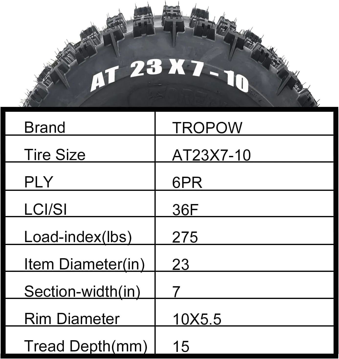 Set of 4 TROPOW AT23x7-10 Tires Front ＆ AT22x10-10 Tires Rear, 6PR Tubeless ATVs (All-Terrain Vehicles) and UTVs (Utility Task Vehicles) (23x7-10＆22x10-10)
