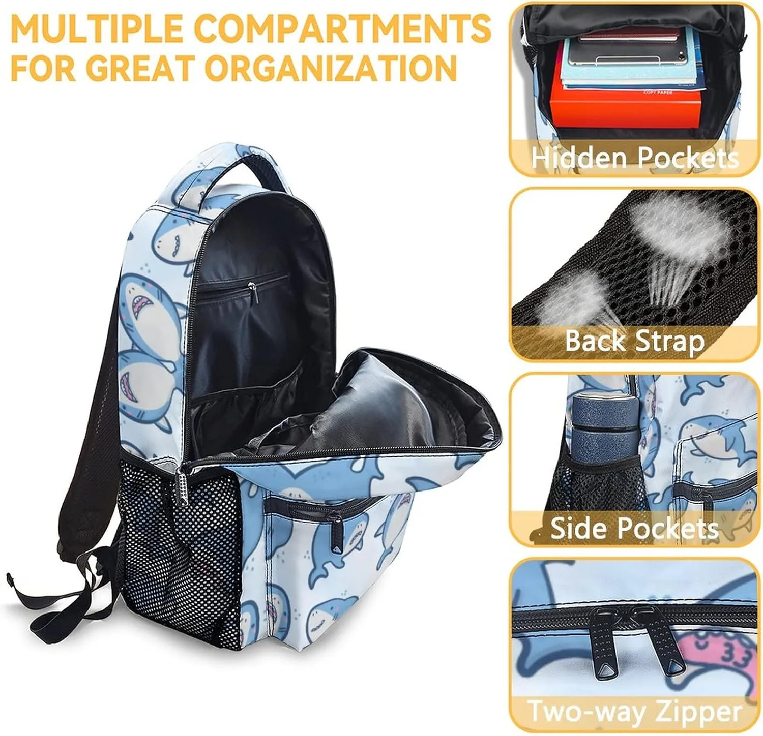 Shark Backpack for Girls Boys - 16 Inch Blue Backpacks for School - Cute Lightweight Durable Bookbag for Kids