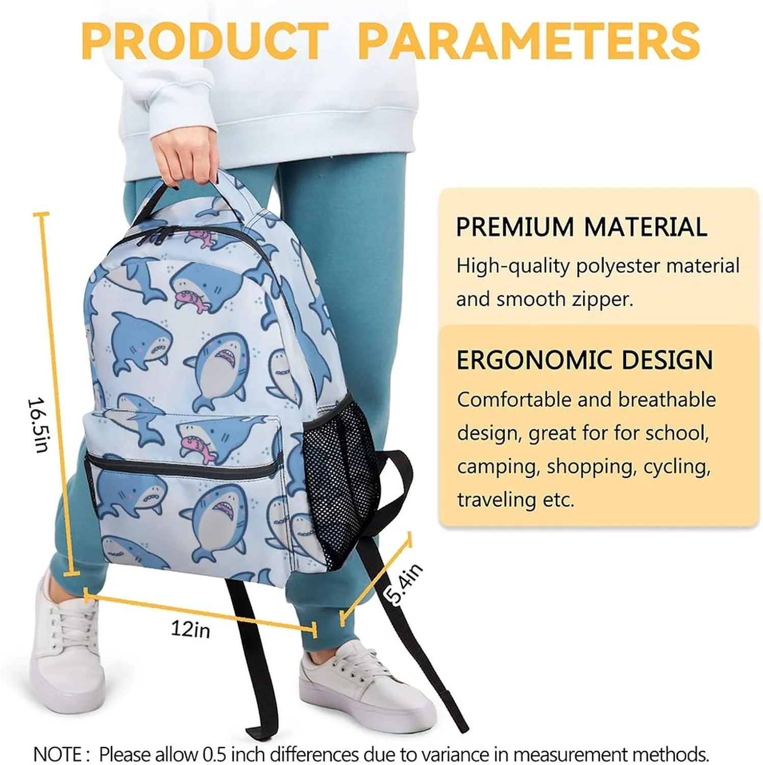 Shark Backpack for Girls Boys - 16 Inch Blue Backpacks for School - Cute Lightweight Durable Bookbag for Kids